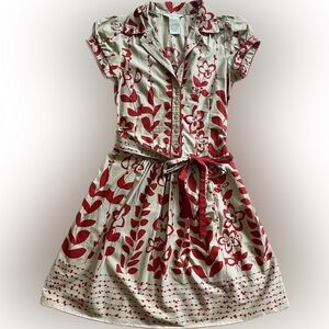 Speeckless Floral Shirt Dress Beige & Red Short Puff Sleeves Size 5 Button Front